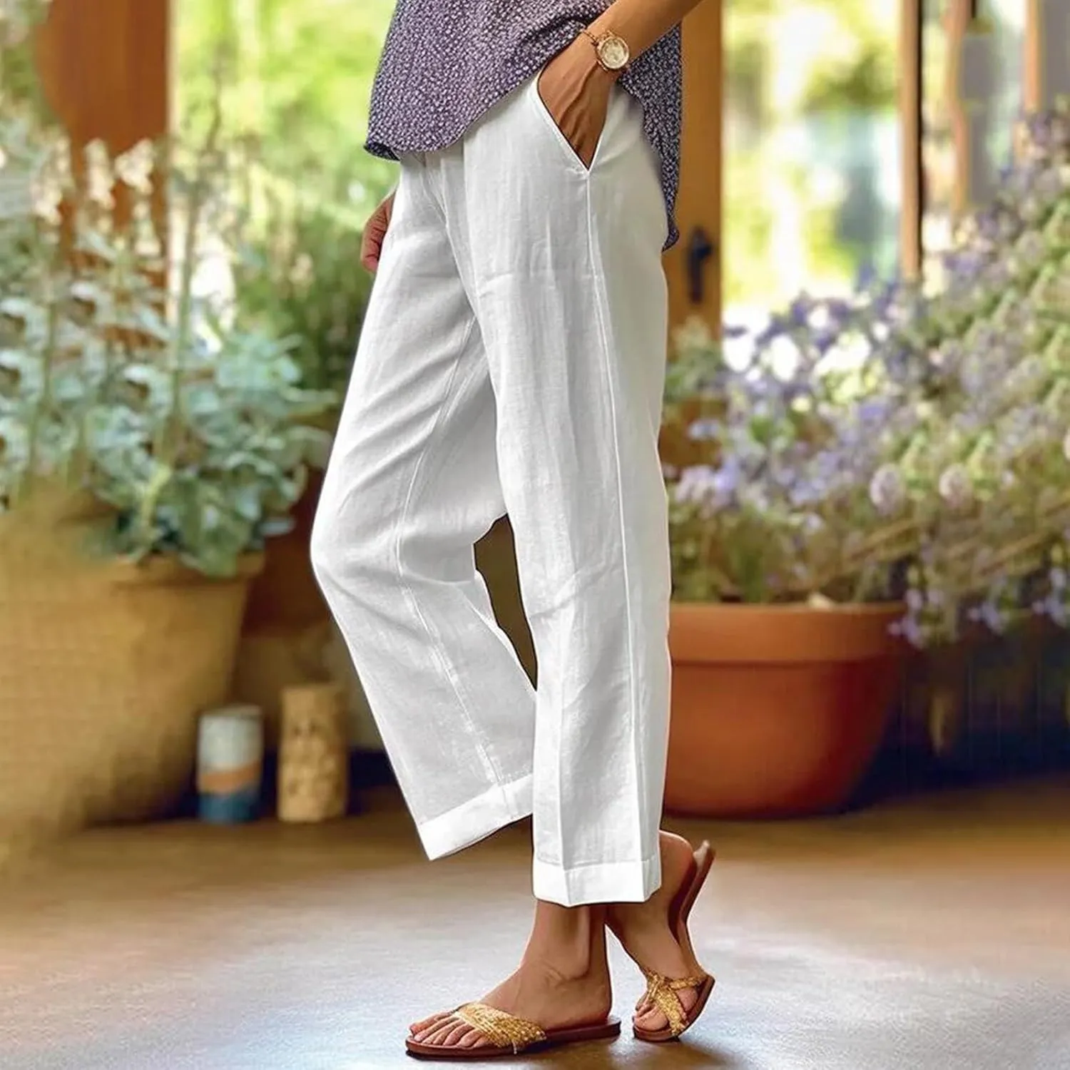 eoeioa High Waisted Linen Pants Women Summer Baggy Stretchy Palazzo Pants Lightweight Casual Pants Boho Beach Pants w/Pockets