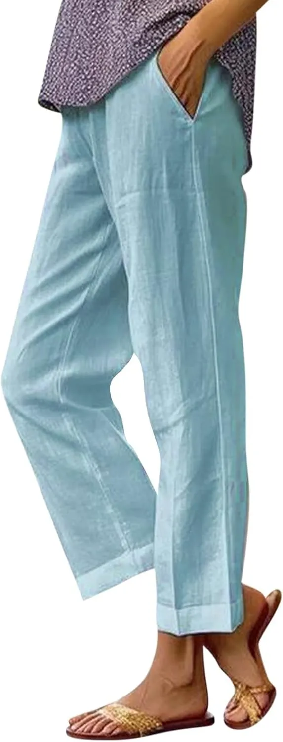 eoeioa High Waisted Linen Pants Women Summer Baggy Stretchy Palazzo Pants Lightweight Casual Pants Boho Beach Pants w/Pockets
