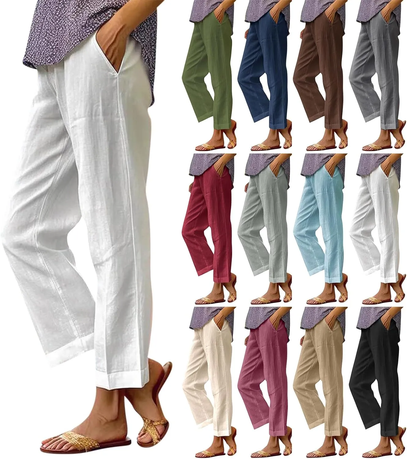eoeioa High Waisted Linen Pants Women Summer Baggy Stretchy Palazzo Pants Lightweight Casual Pants Boho Beach Pants w/Pockets