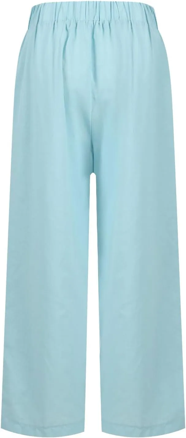 eoeioa High Waisted Linen Pants Women Summer Baggy Stretchy Palazzo Pants Lightweight Casual Pants Boho Beach Pants w/Pockets