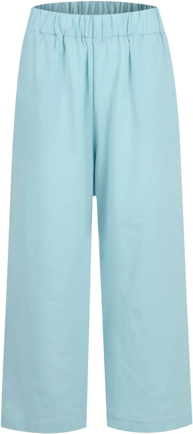 eoeioa High Waisted Linen Pants Women Summer Baggy Stretchy Palazzo Pants Lightweight Casual Pants Boho Beach Pants w/Pockets