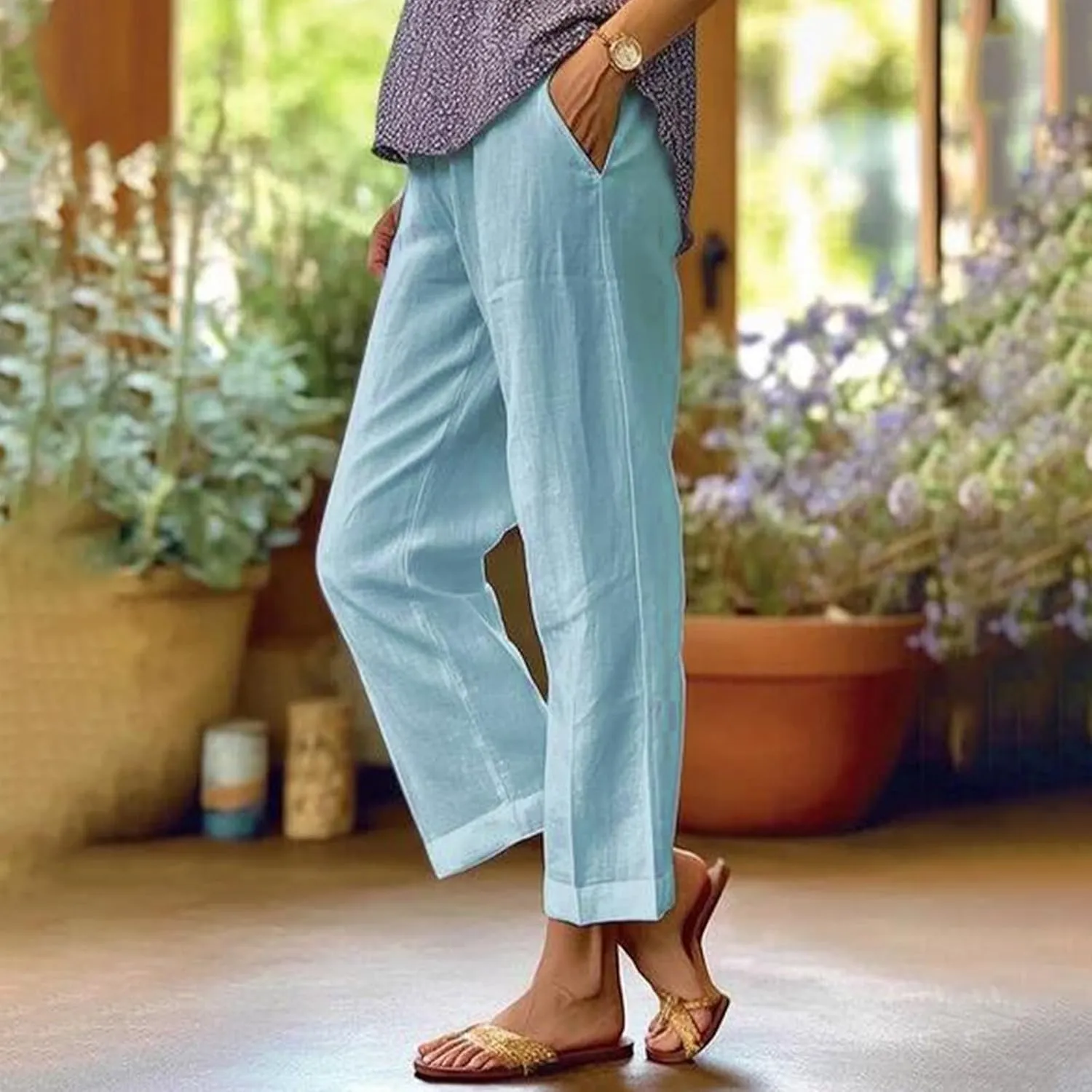 eoeioa High Waisted Linen Pants Women Summer Baggy Stretchy Palazzo Pants Lightweight Casual Pants Boho Beach Pants w/Pockets
