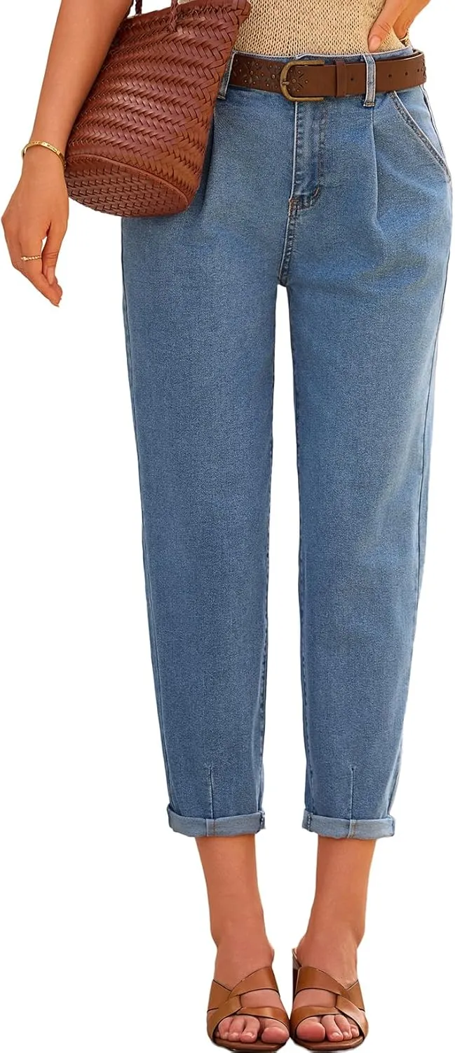 EVALESS Womens Baggy Jeans High Waisted Stretchy Boyfriend Barrel Denim Ankle Pants