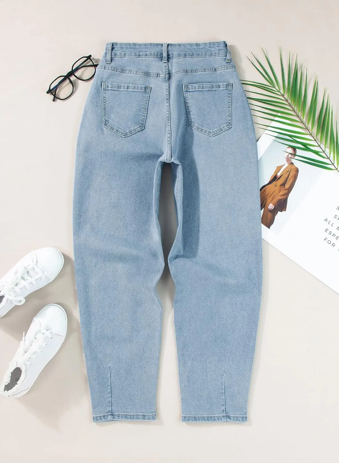EVALESS Womens Baggy Jeans High Waisted Stretchy Boyfriend Barrel Denim Ankle Pants