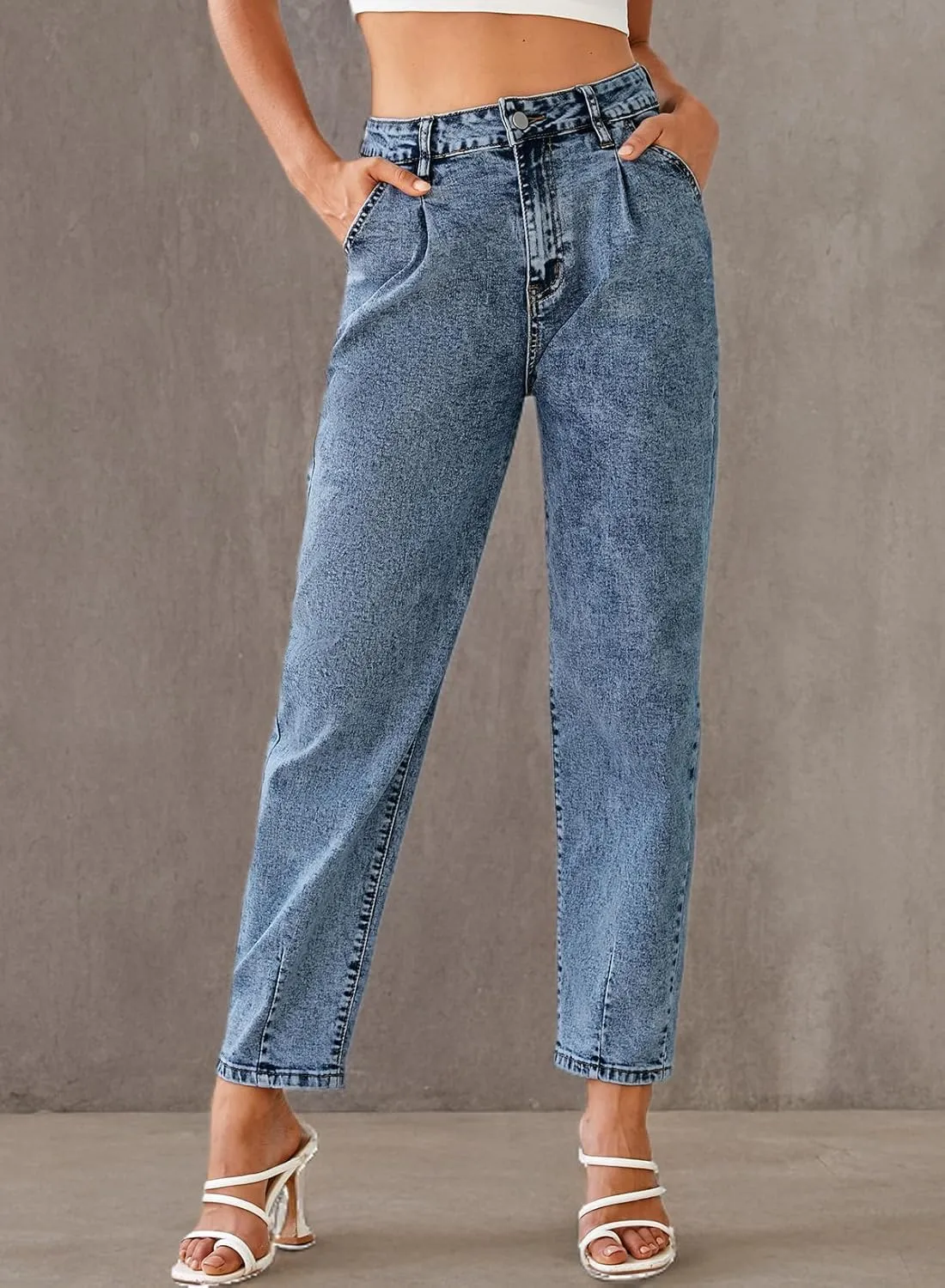 EVALESS Womens Baggy Jeans High Waisted Stretchy Boyfriend Barrel Denim Ankle Pants
