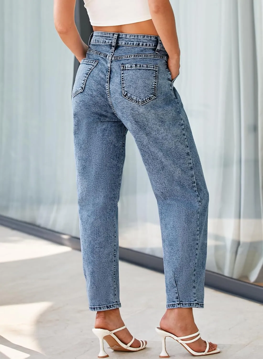 EVALESS Womens Baggy Jeans High Waisted Stretchy Boyfriend Barrel Denim Ankle Pants