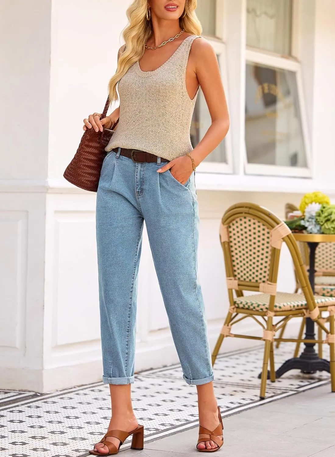 EVALESS Womens Baggy Jeans High Waisted Stretchy Boyfriend Barrel Denim Ankle Pants