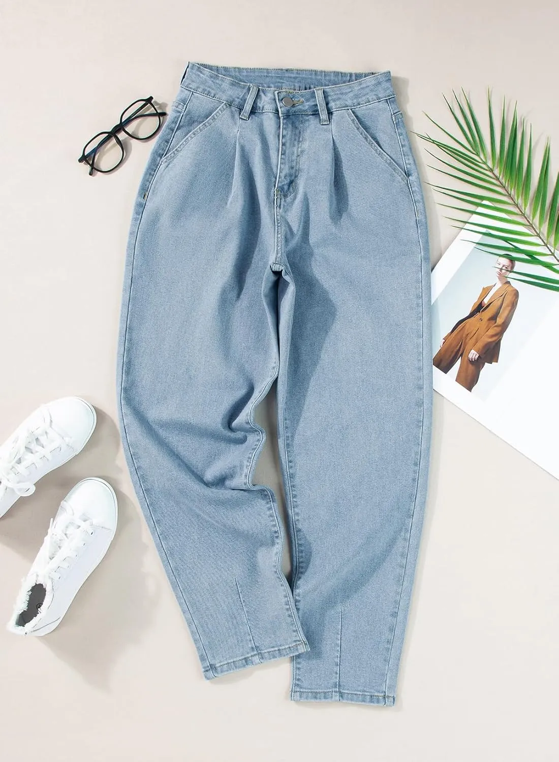 EVALESS Womens Baggy Jeans High Waisted Stretchy Boyfriend Barrel Denim Ankle Pants