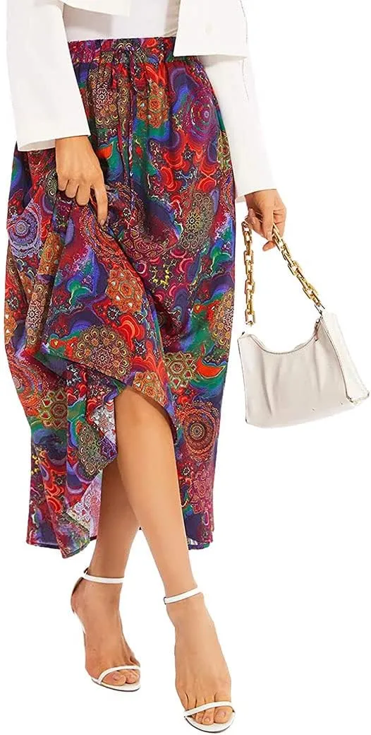 Ezcosplay Women Boho Floral Maxi Skirt Casual Elastic Waist Beach A-Line Long Skirts with Pockets