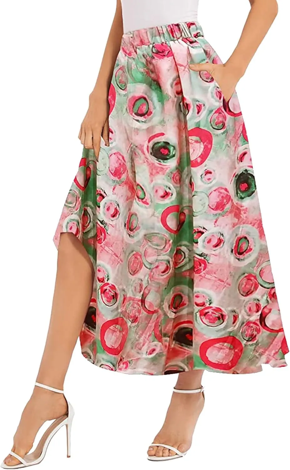 Ezcosplay Women Boho Floral Maxi Skirt Casual Elastic Waist Beach A-Line Long Skirts with Pockets