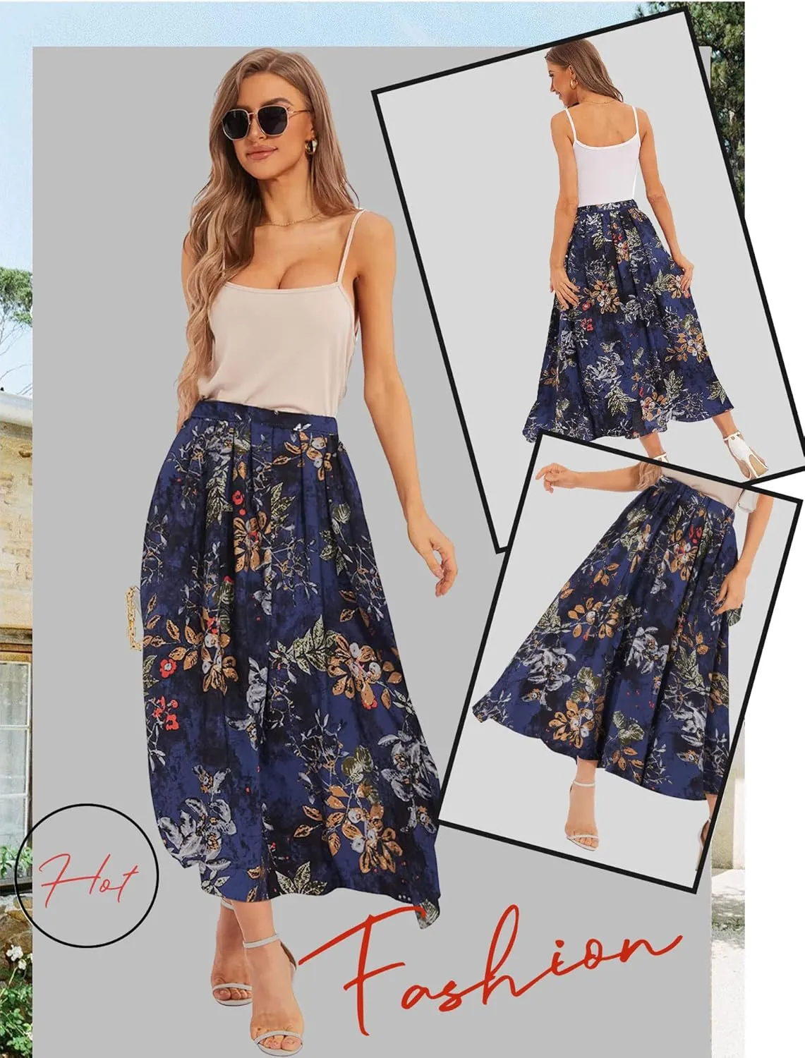 Ezcosplay Women Boho Floral Maxi Skirt Casual Elastic Waist Beach A-Line Long Skirts with Pockets