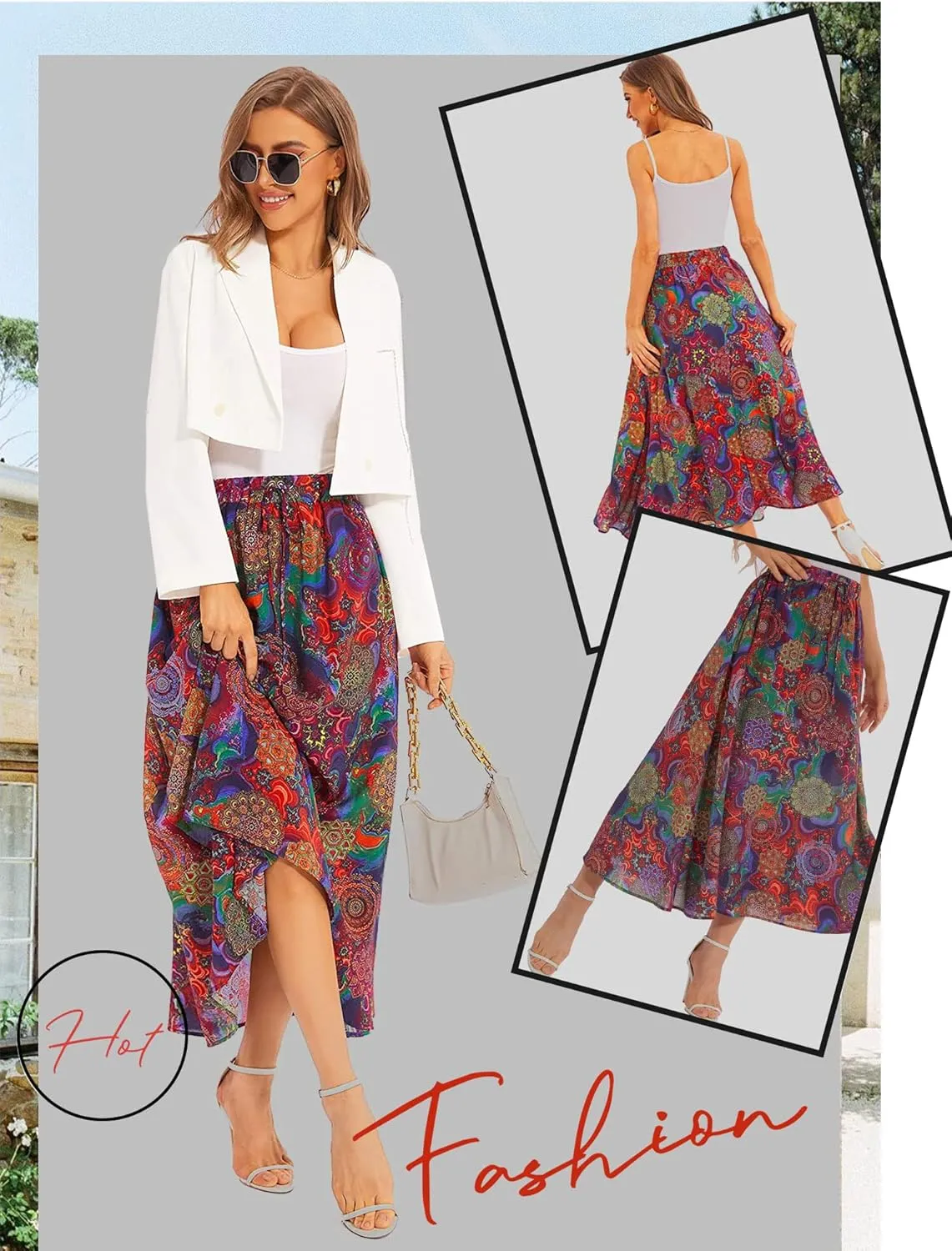 Ezcosplay Women Boho Floral Maxi Skirt Casual Elastic Waist Beach A-Line Long Skirts with Pockets