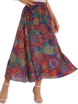 Ezcosplay Women Boho Floral Maxi Skirt Casual Elastic Waist Beach A-Line Long Skirts with Pockets