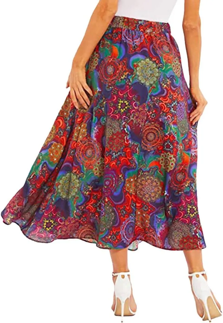 Ezcosplay Women Boho Floral Maxi Skirt Casual Elastic Waist Beach A-Line Long Skirts with Pockets