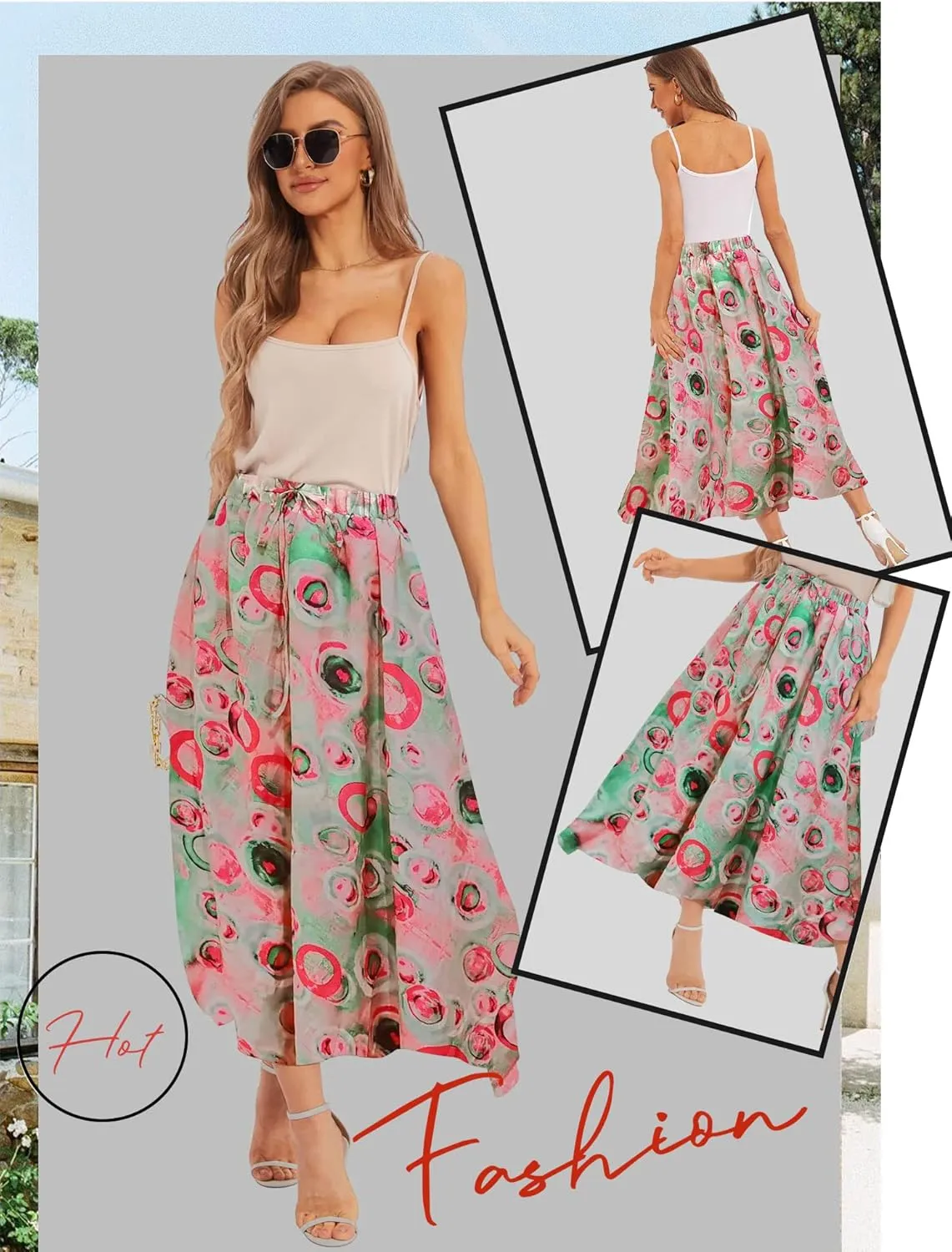 Ezcosplay Women Boho Floral Maxi Skirt Casual Elastic Waist Beach A-Line Long Skirts with Pockets
