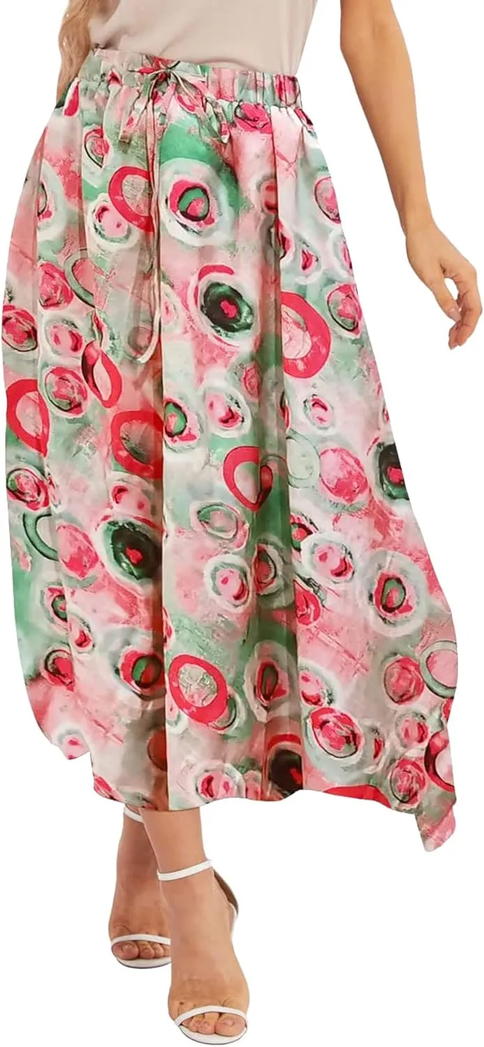 Ezcosplay Women Boho Floral Maxi Skirt Casual Elastic Waist Beach A-Line Long Skirts with Pockets