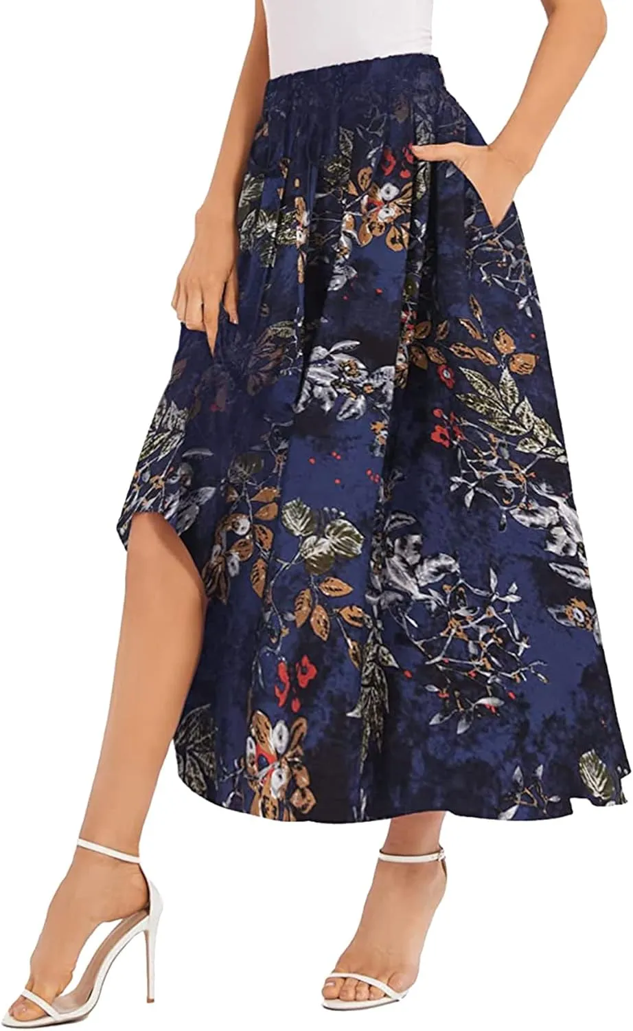 Ezcosplay Women Boho Floral Maxi Skirt Casual Elastic Waist Beach A-Line Long Skirts with Pockets