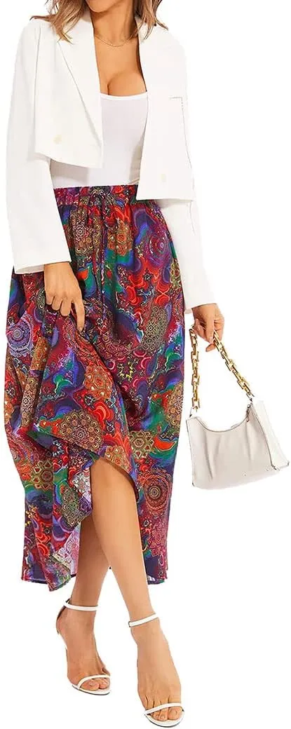 Ezcosplay Women Boho Floral Maxi Skirt Casual Elastic Waist Beach A-Line Long Skirts with Pockets