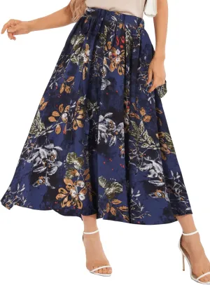 Ezcosplay Women Boho Floral Maxi Skirt Casual Elastic Waist Beach A-Line Long Skirts with Pockets