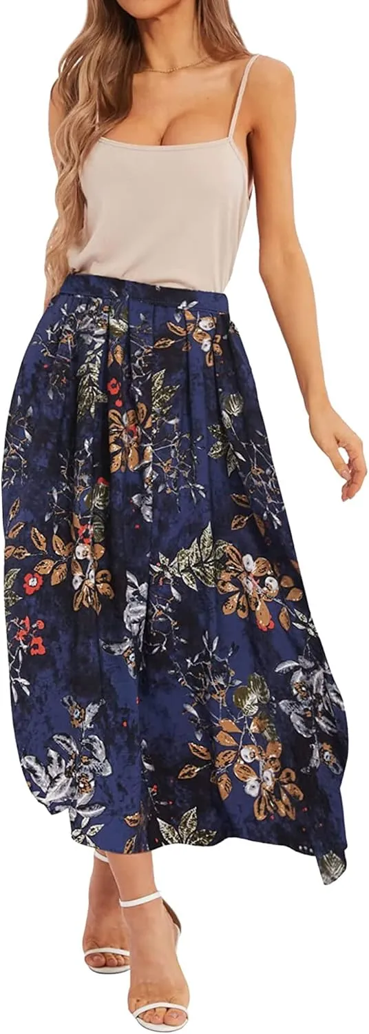 Ezcosplay Women Boho Floral Maxi Skirt Casual Elastic Waist Beach A-Line Long Skirts with Pockets