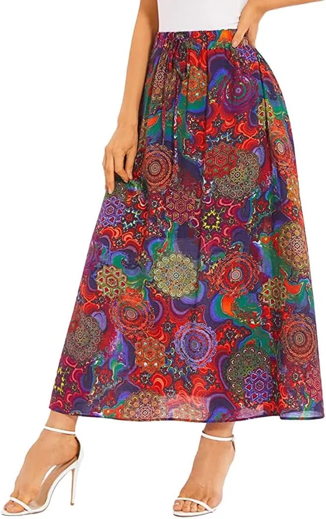 Ezcosplay Women Boho Floral Maxi Skirt Casual Elastic Waist Beach A-Line Long Skirts with Pockets