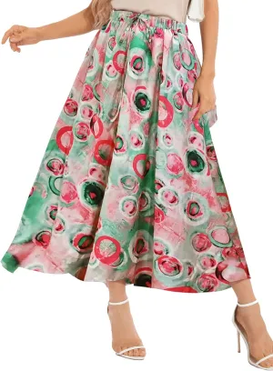 Ezcosplay Women Boho Floral Maxi Skirt Casual Elastic Waist Beach A-Line Long Skirts with Pockets