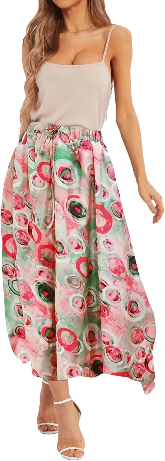 Ezcosplay Women Boho Floral Maxi Skirt Casual Elastic Waist Beach A-Line Long Skirts with Pockets