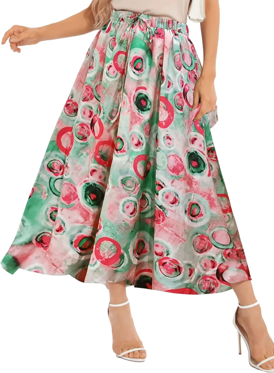 Ezcosplay Women Boho Floral Maxi Skirt Casual Elastic Waist Beach A-Line Long Skirts with Pockets