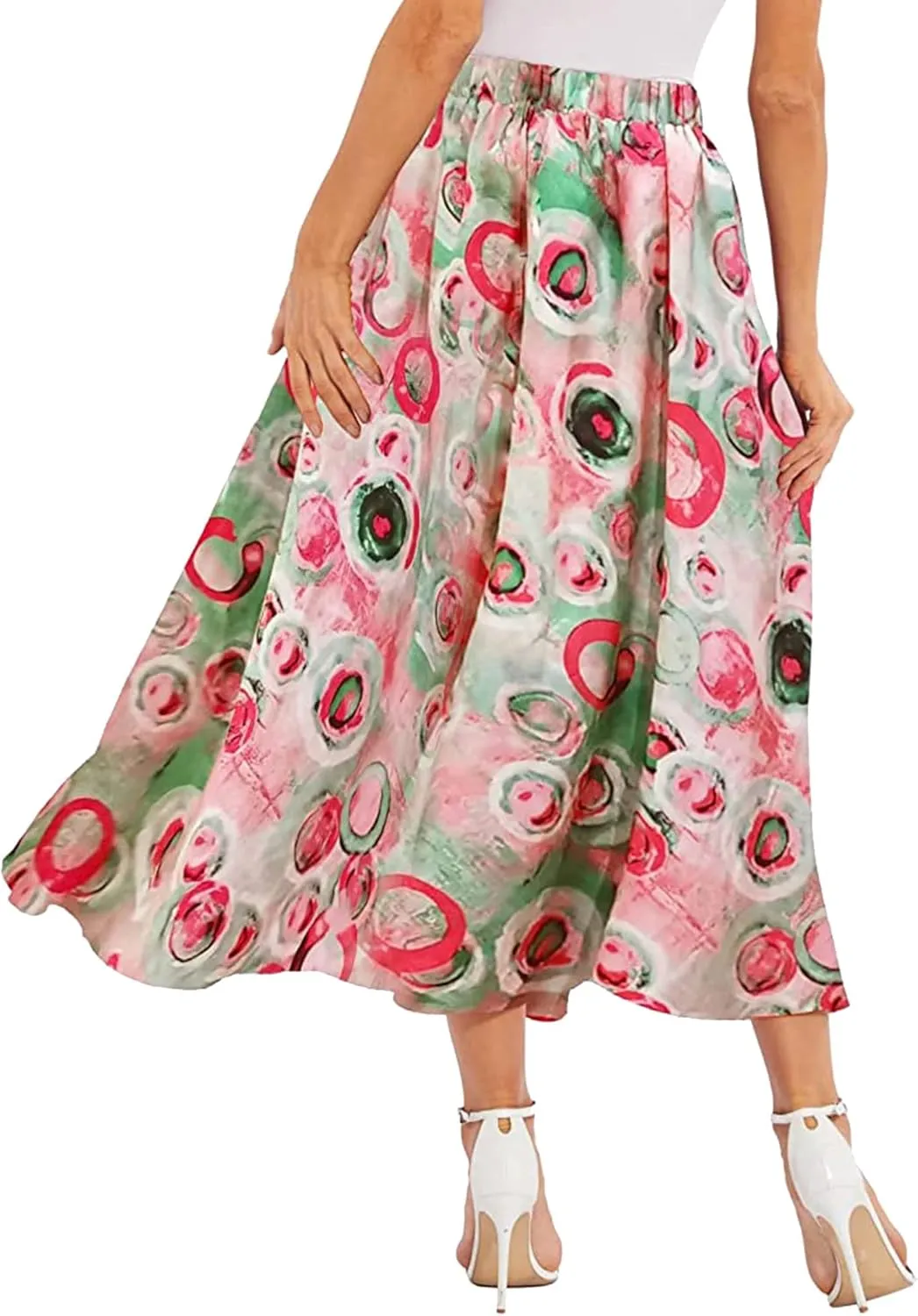 Ezcosplay Women Boho Floral Maxi Skirt Casual Elastic Waist Beach A-Line Long Skirts with Pockets