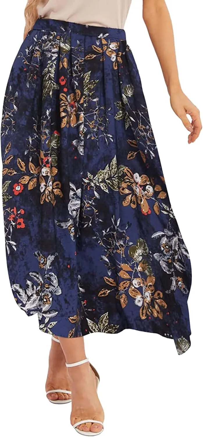 Ezcosplay Women Boho Floral Maxi Skirt Casual Elastic Waist Beach A-Line Long Skirts with Pockets