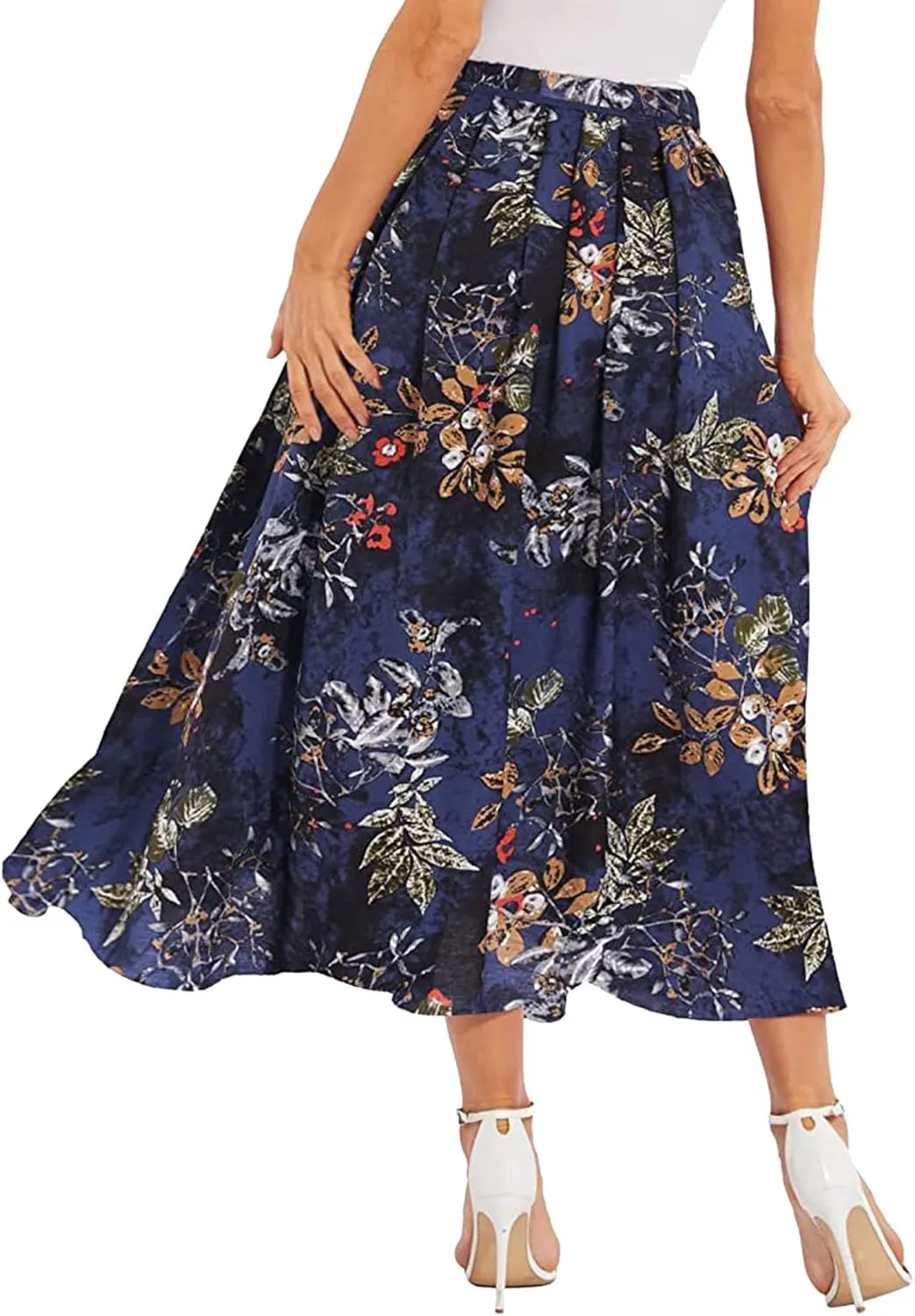 Ezcosplay Women Boho Floral Maxi Skirt Casual Elastic Waist Beach A-Line Long Skirts with Pockets