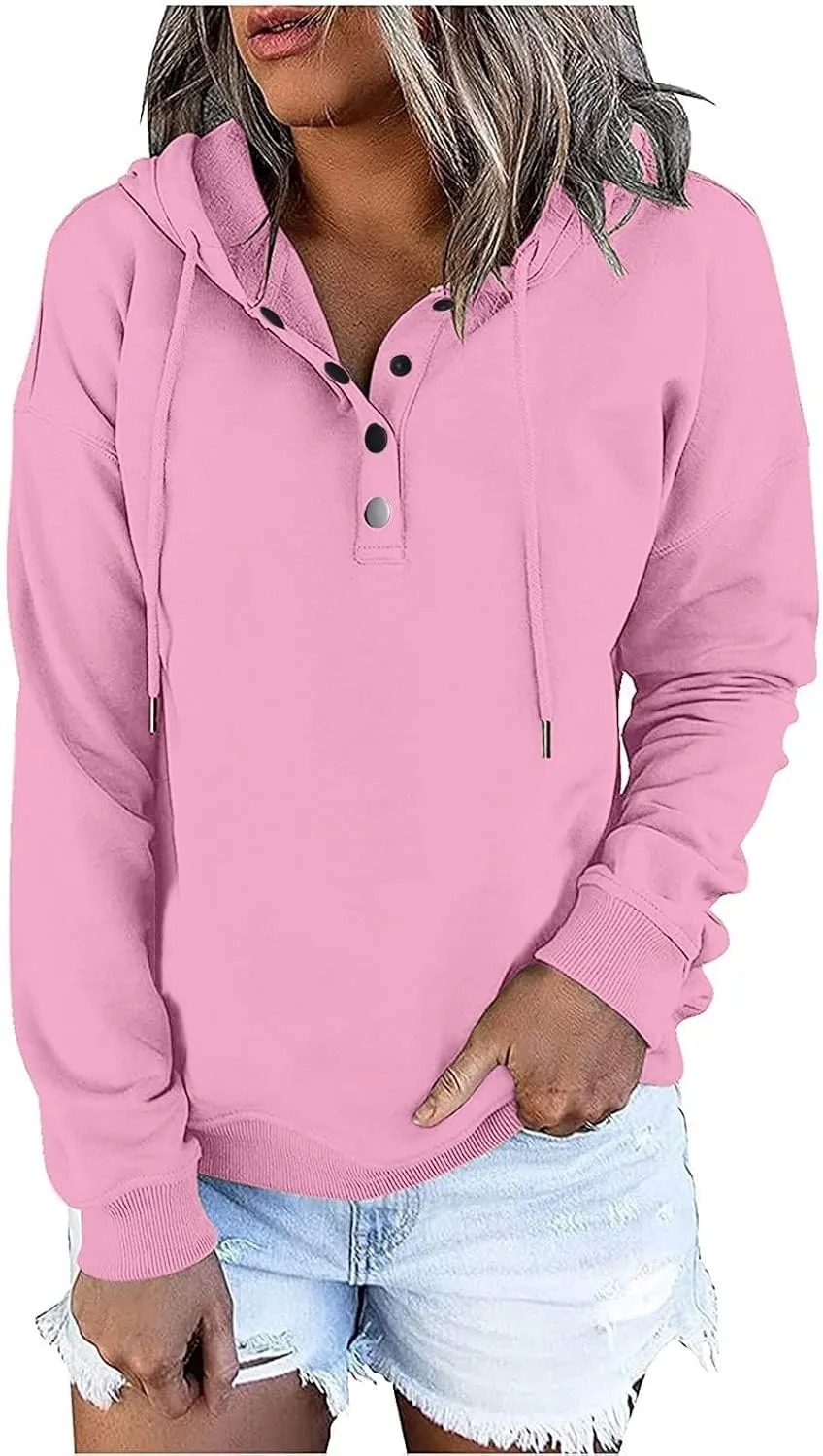 Fall Hoodies For Women Trendy 2024 Causal Long Sleeve Button Down Hooded Sweatshirt Solid Basic Pullover Tops