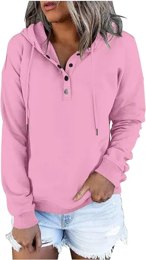 Fall Hoodies For Women Trendy 2024 Causal Long Sleeve Button Down Hooded Sweatshirt Solid Basic Pullover Tops