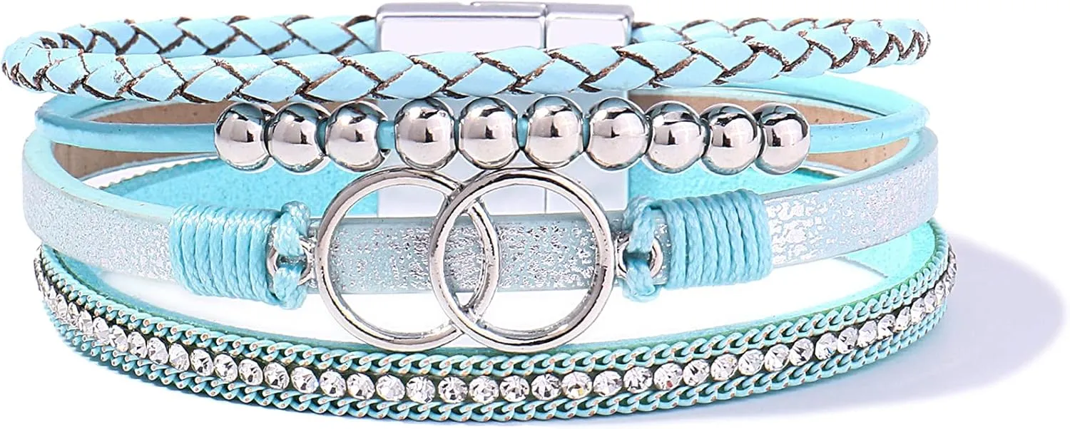 FANCY SHINY Boho Wrap Bracelets Leather Cuff Bangle Gold Beaded Bracelets for Women Stackable Infinity Bracelets Jewelry Gift Mom with Magnetic Clasp