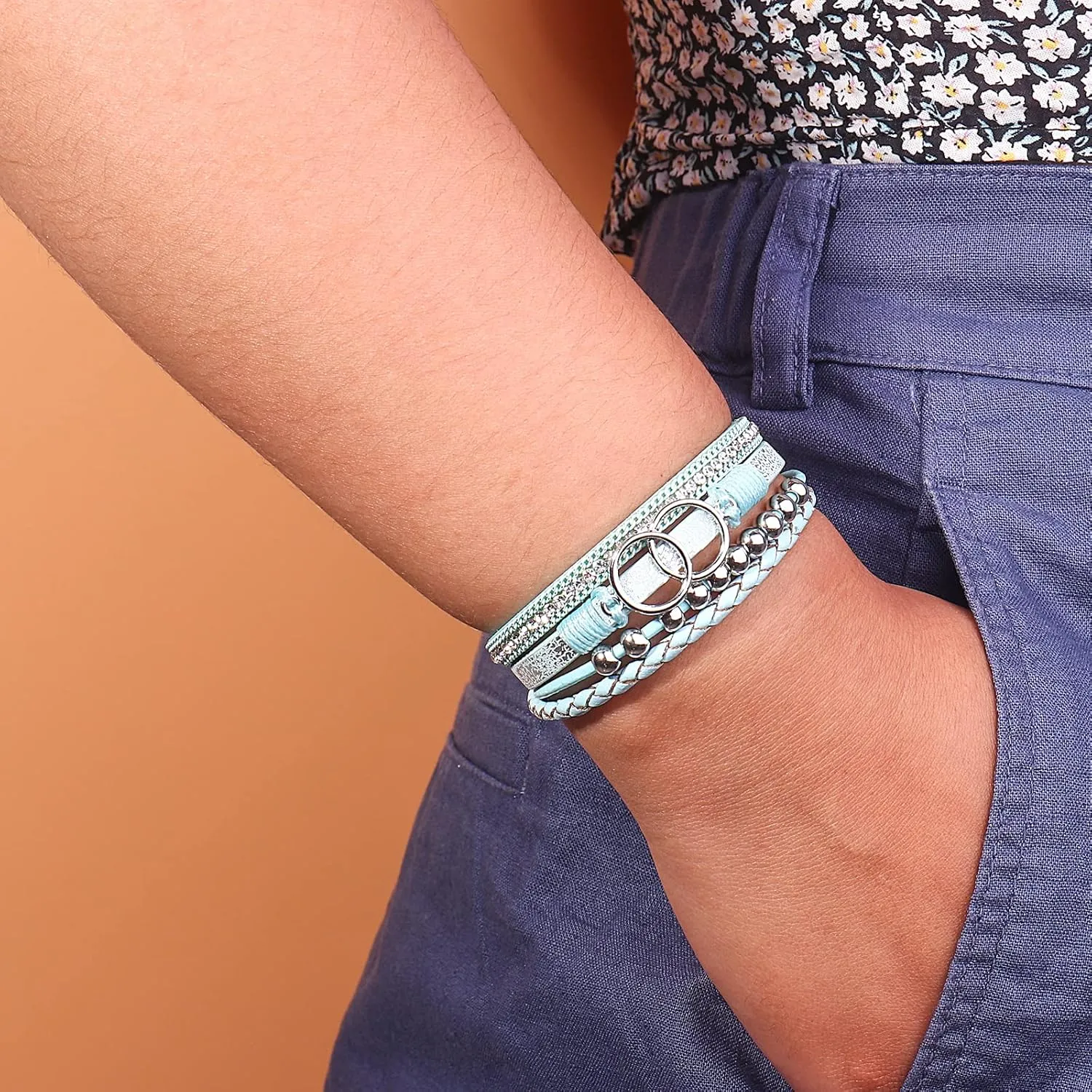 FANCY SHINY Boho Wrap Bracelets Leather Cuff Bangle Gold Beaded Bracelets for Women Stackable Infinity Bracelets Jewelry Gift Mom with Magnetic Clasp