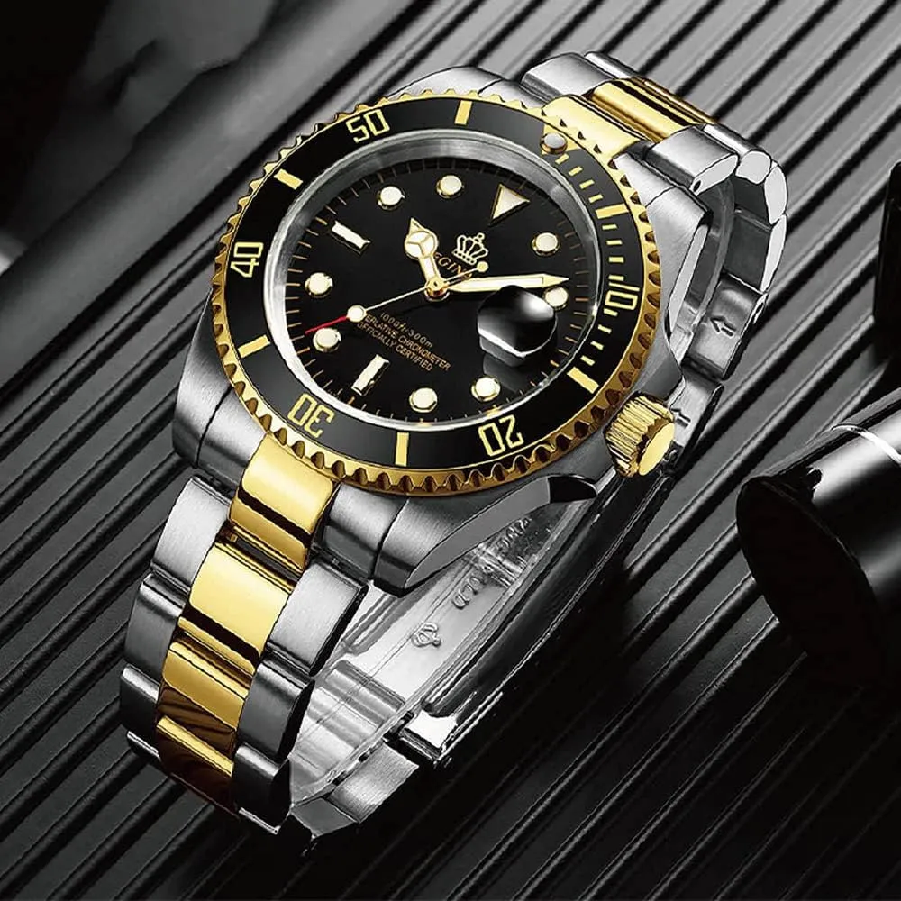 FANMIS Mens Luxury Watches Rotatable Bezel Sapphire Glass Luminous Quartz Silver Gold Two Tone Stainless Steel Watch