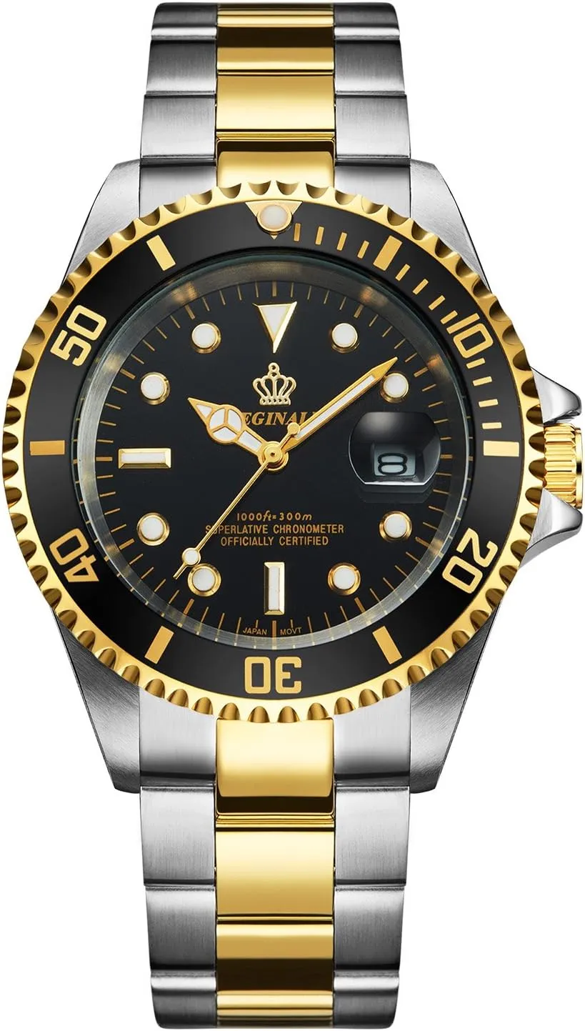FANMIS Mens Luxury Watches Rotatable Bezel Sapphire Glass Luminous Quartz Silver Gold Two Tone Stainless Steel Watch