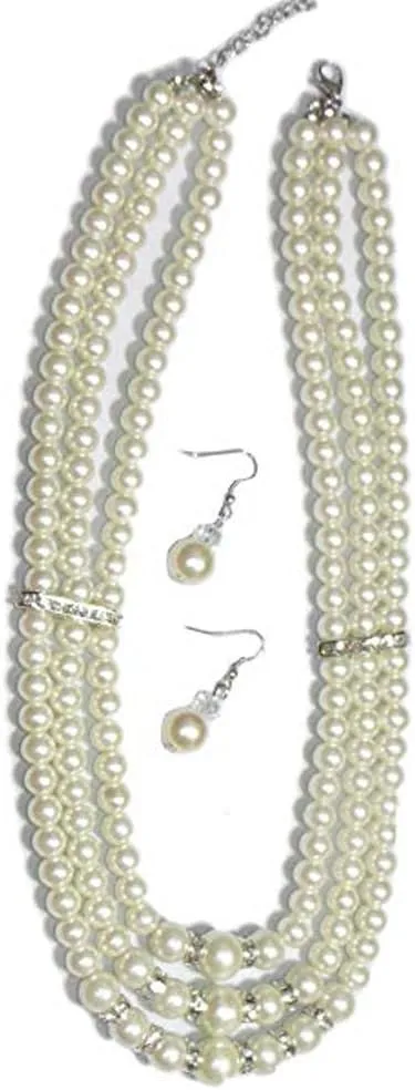 Fashion Jewelry ~ Cream Faux Pearls Bezel Crystal Necklace and Earrings Set (for Women