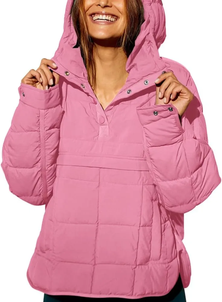 Fazortev Womens Oversized Puffer Jacket Quilted Dolman Hoodies Pullover Long Sleeve Lightweight Warm Tops Coat