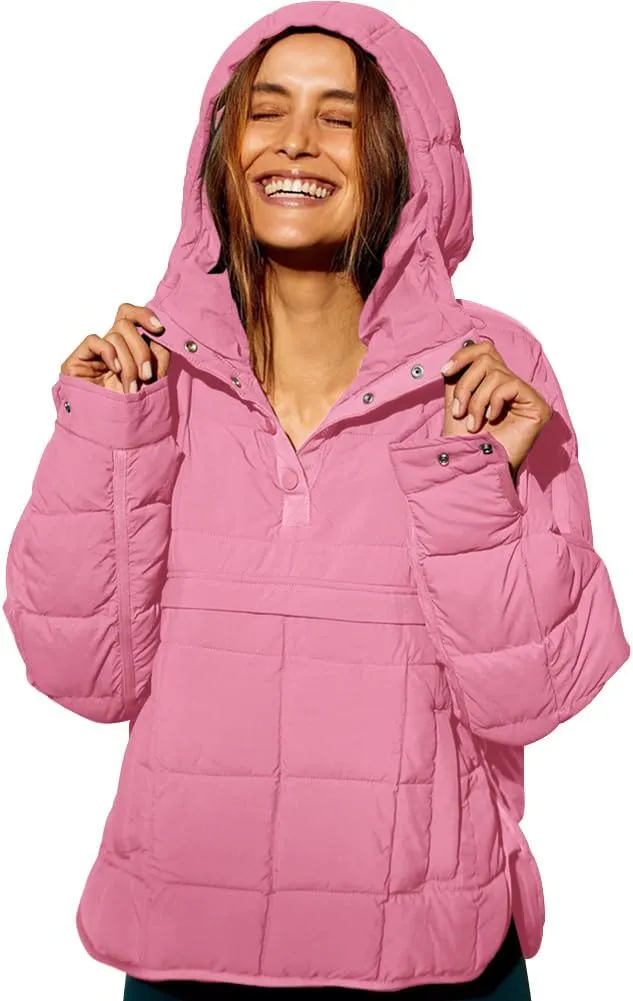 Fazortev Womens Oversized Puffer Jacket Quilted Dolman Hoodies Pullover Long Sleeve Lightweight Warm Tops Coat