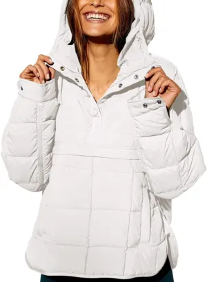 Fazortev Womens Oversized Puffer Jacket Quilted Dolman Hoodies Pullover Long Sleeve Lightweight Warm Tops Coat