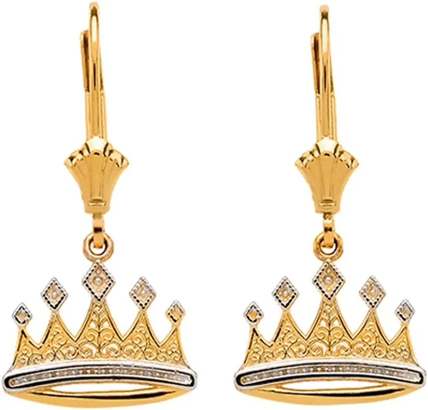 Fine 10k Two-Tone Gold Royal Crown Leverback Earrings