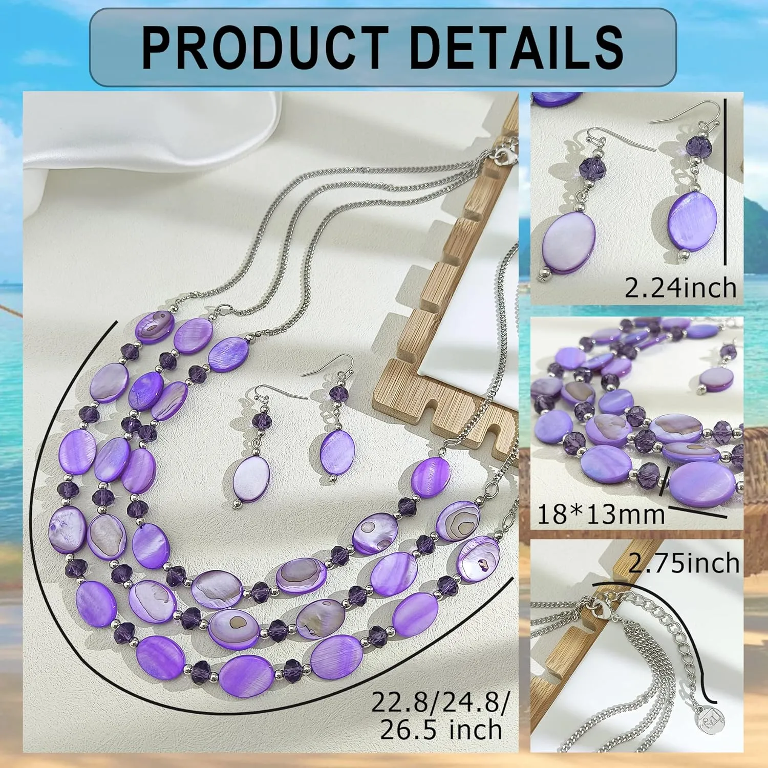 Firstmeet 3 Layered Beaded Necklace Set with Earrings Oval Shell Beads Jewelry Gift for Women