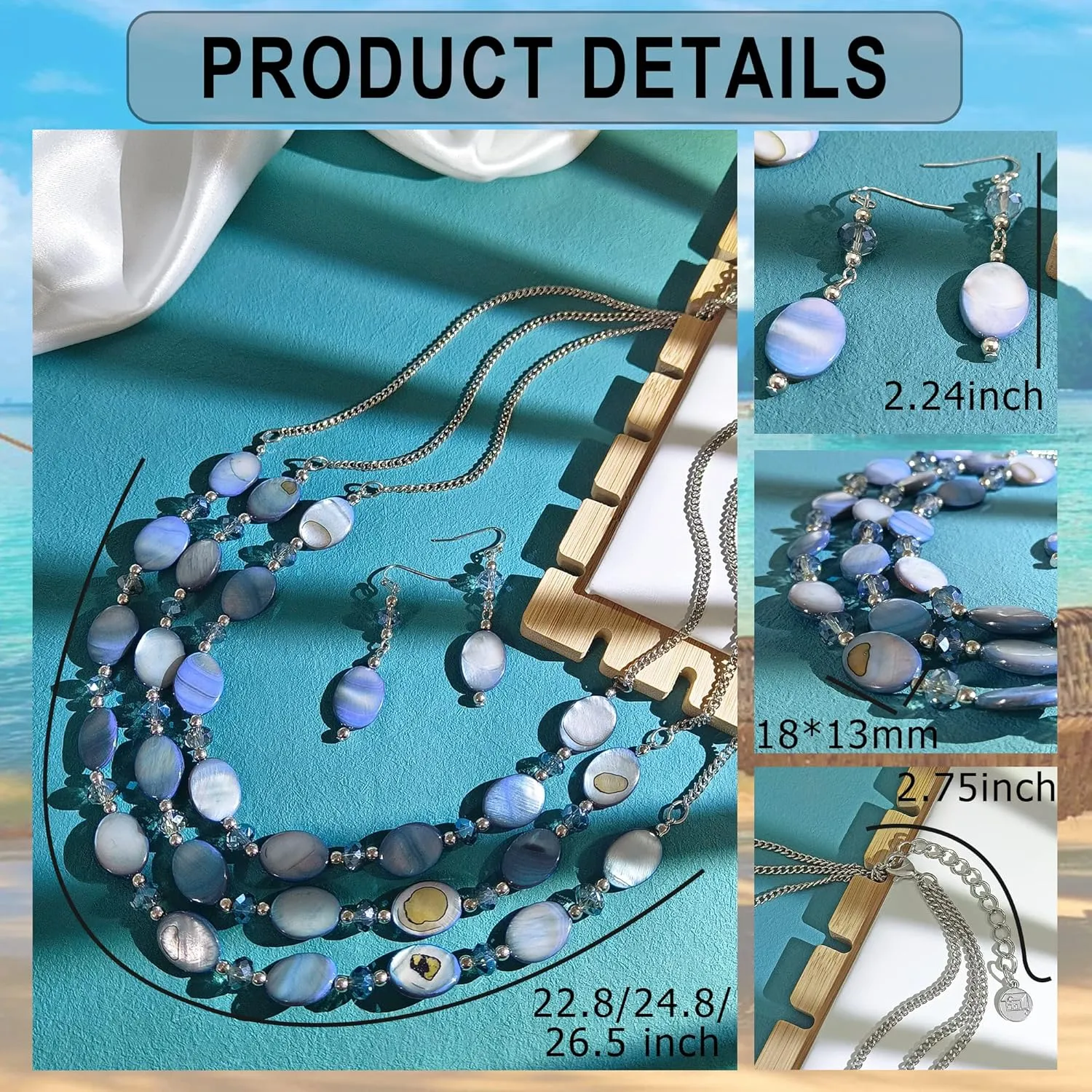 Firstmeet 3 Layered Beaded Necklace Set with Earrings Oval Shell Beads Jewelry Gift for Women