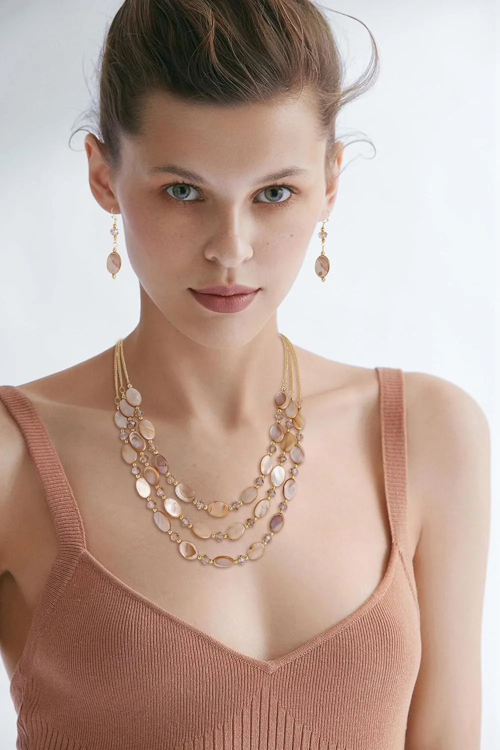 Firstmeet 3 Layered Beaded Necklace Set with Earrings Oval Shell Beads Jewelry Gift for Women