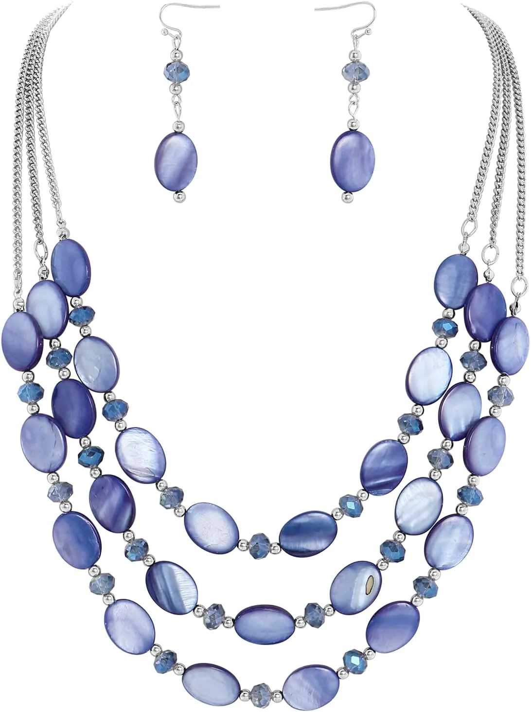 Firstmeet 3 Layered Beaded Necklace Set with Earrings Oval Shell Beads Jewelry Gift for Women