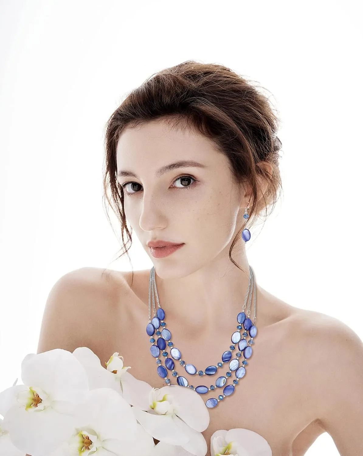 Firstmeet 3 Layered Beaded Necklace Set with Earrings Oval Shell Beads Jewelry Gift for Women
