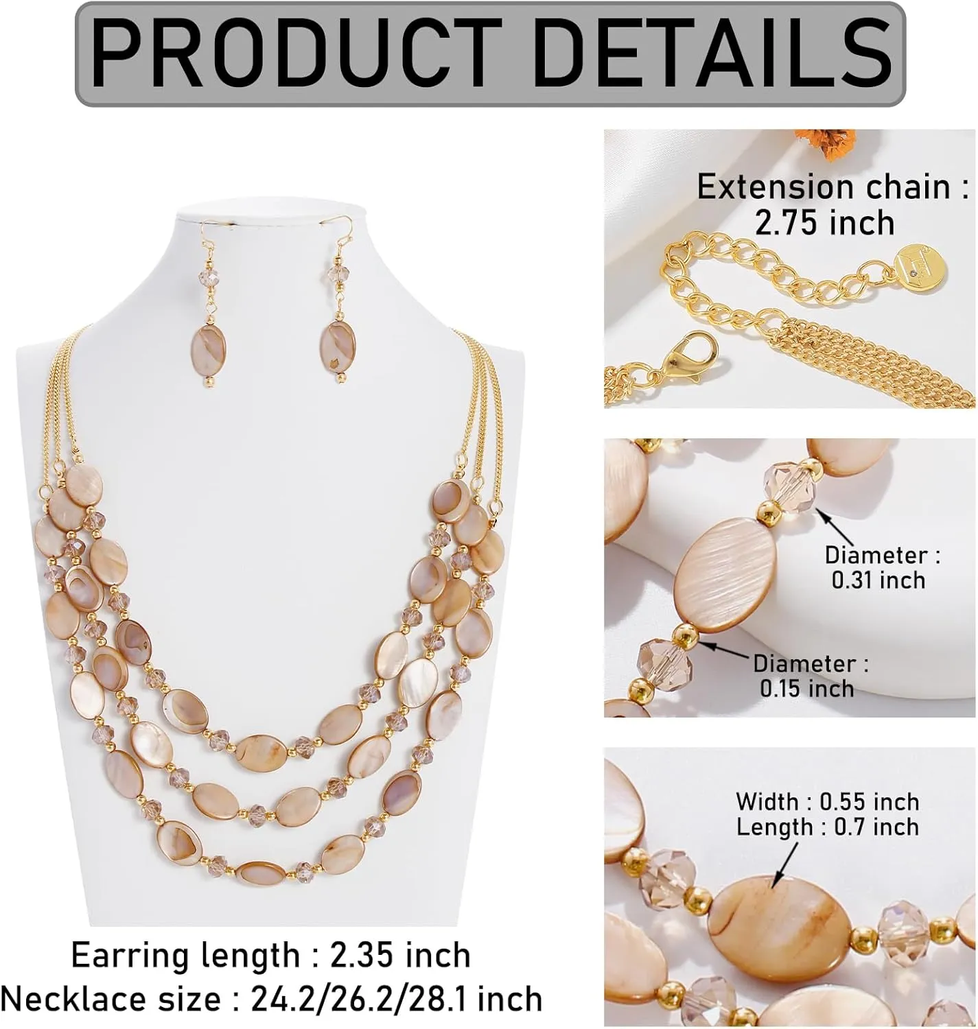 Firstmeet 3 Layered Beaded Necklace Set with Earrings Oval Shell Beads Jewelry Gift for Women