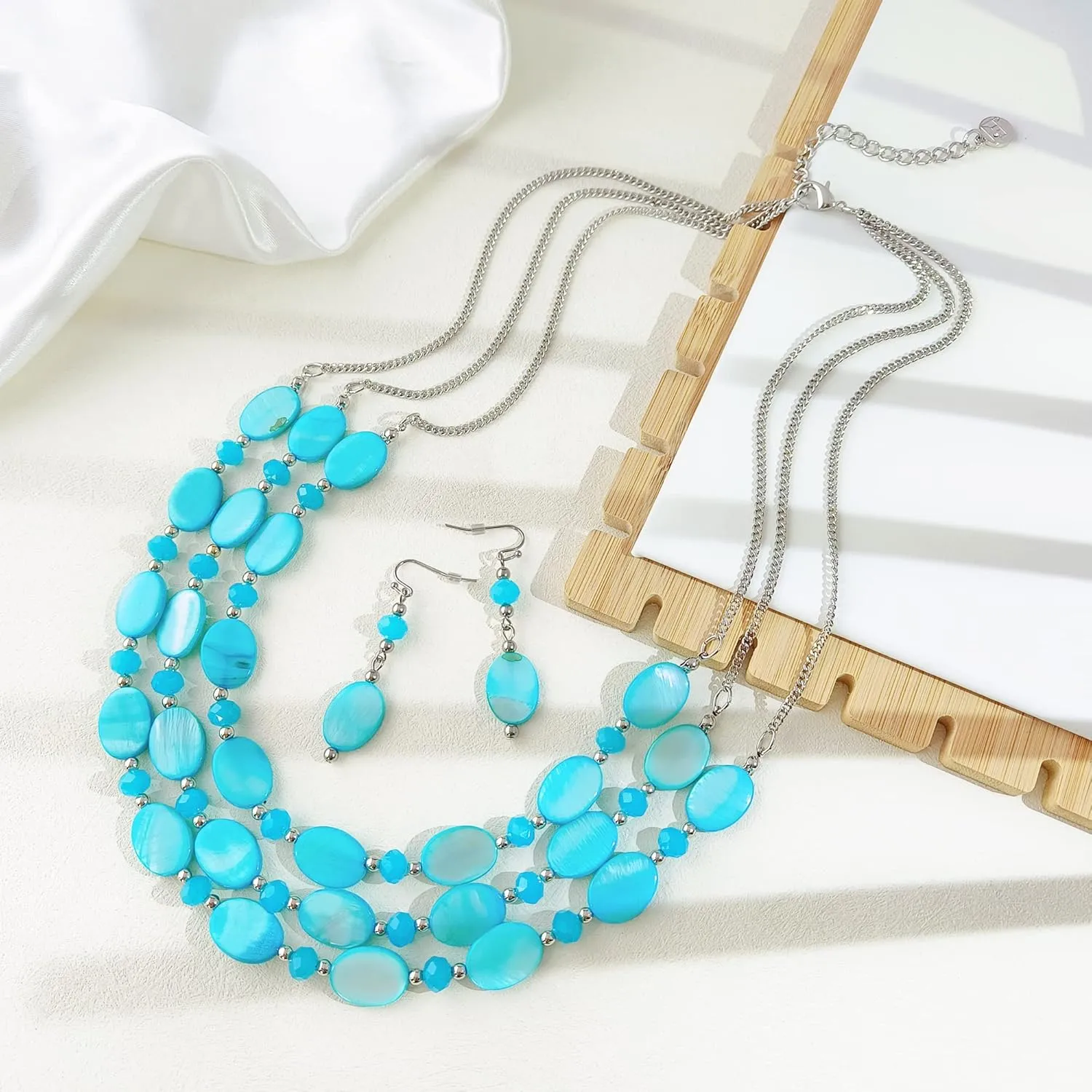 Firstmeet 3 Layered Beaded Necklace Set with Earrings Oval Shell Beads Jewelry Gift for Women