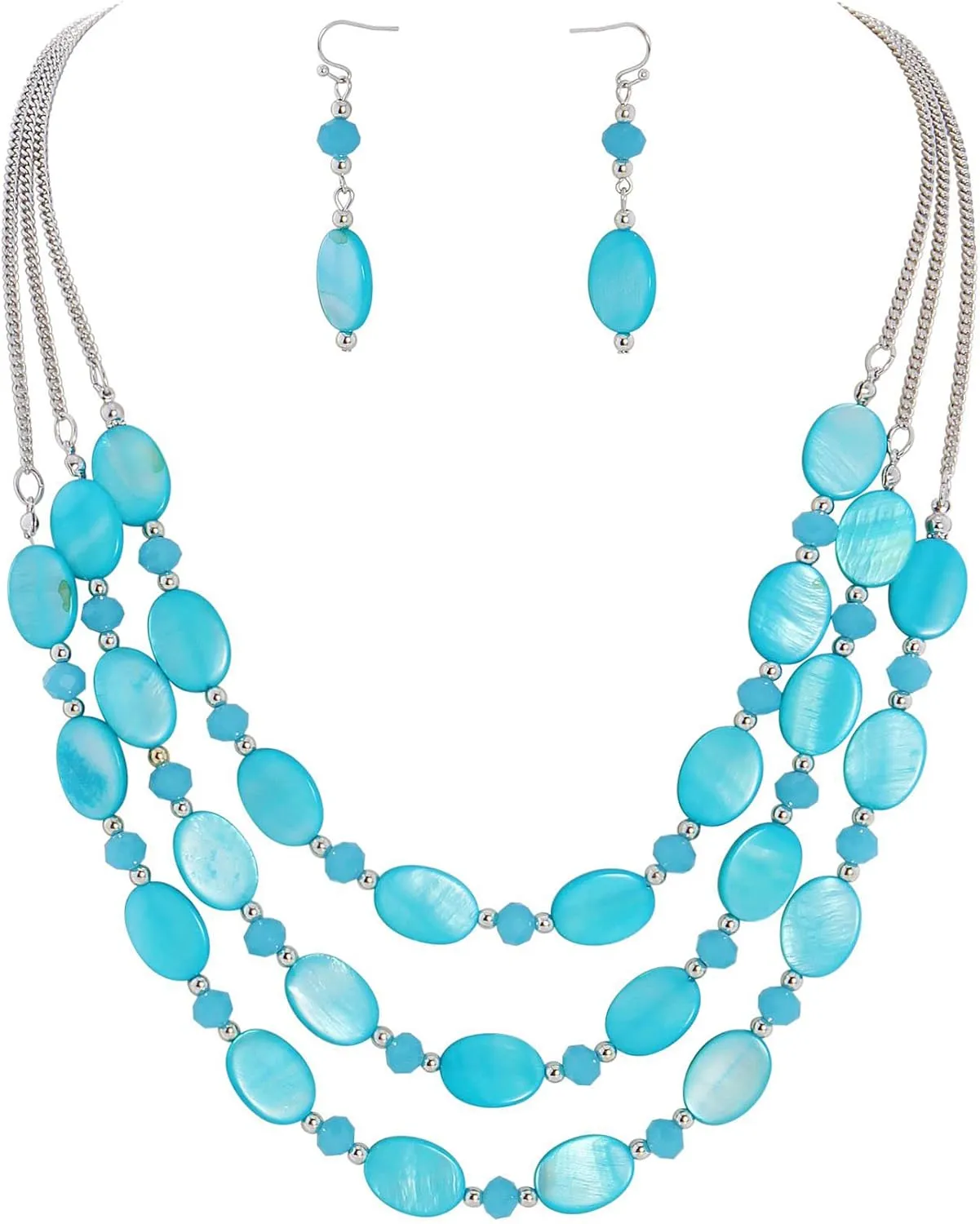 Firstmeet 3 Layered Beaded Necklace Set with Earrings Oval Shell Beads Jewelry Gift for Women